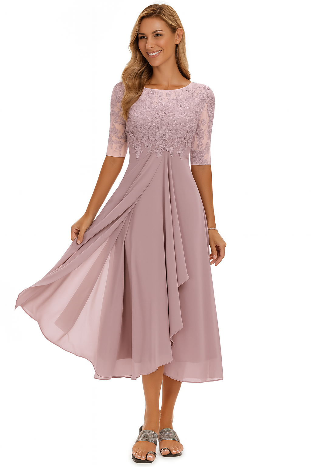 Lace bodice midi dress for women with half sleeves and layered skirt