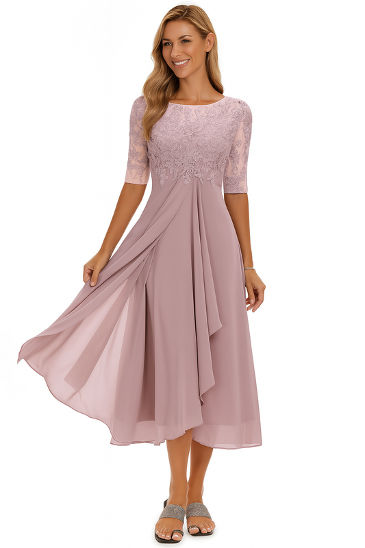 Lace bodice midi dress for women with half sleeves and layered skirt