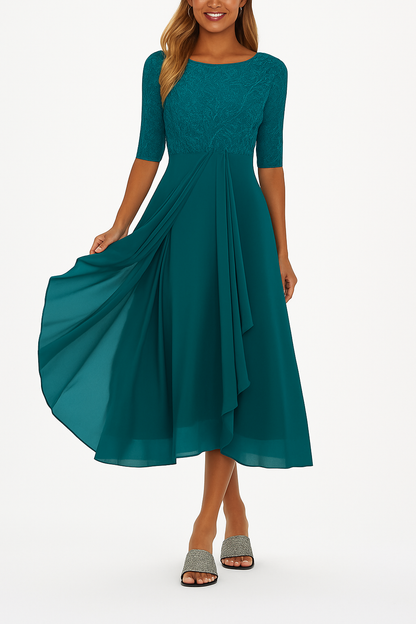 Lace bodice midi dress for women with half sleeves and layered skirt