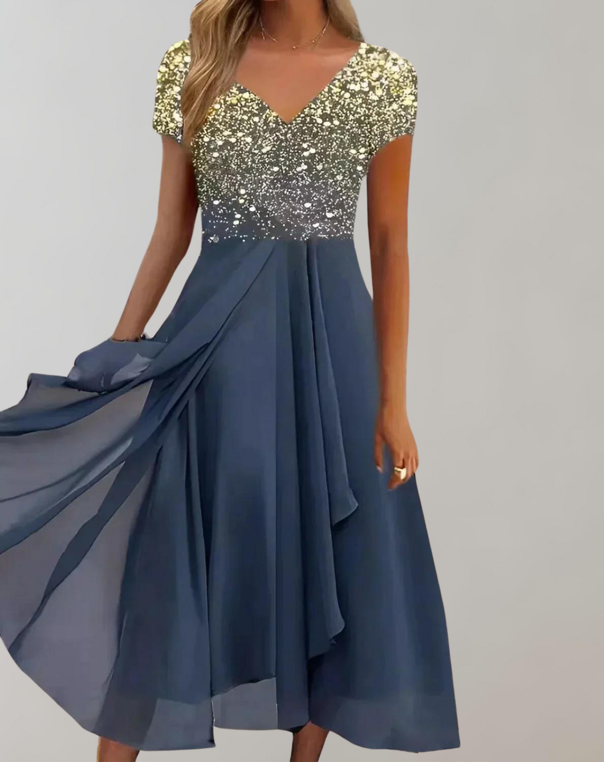 Formal dresses for women, V-neck midi dress with short sleeves