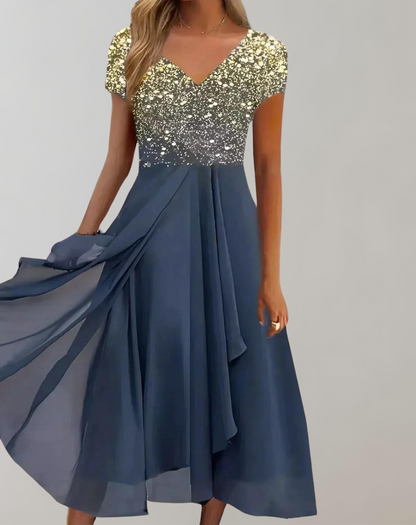 Formal dresses for women, V-neck midi dress with short sleeves