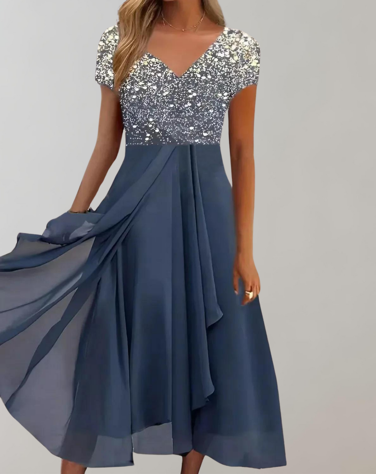 Formal dresses for women, V-neck midi dress with short sleeves