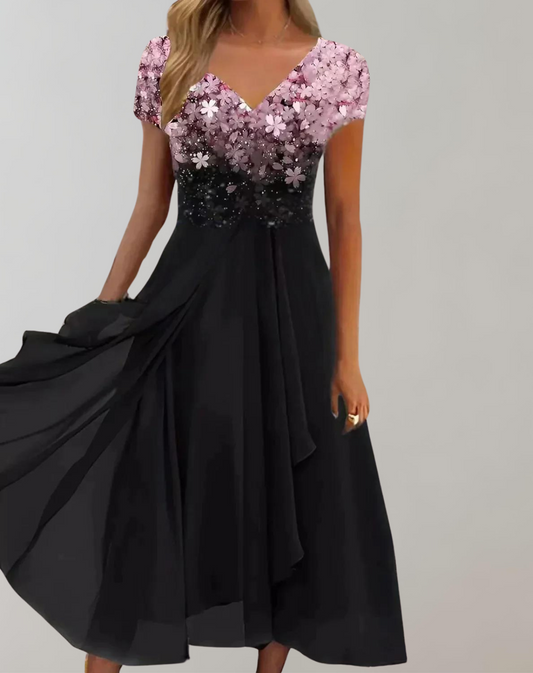 Formal dresses for women, V-neck midi dress with short sleeves