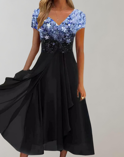 Formal dresses for women, V-neck midi dress with short sleeves