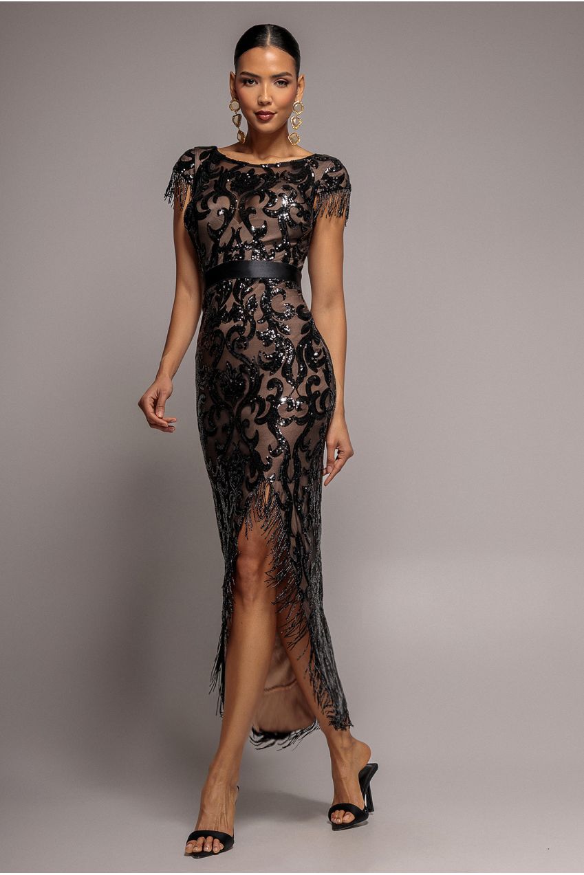 Formal dresses for women: sequin maxi dress with tassel split hem