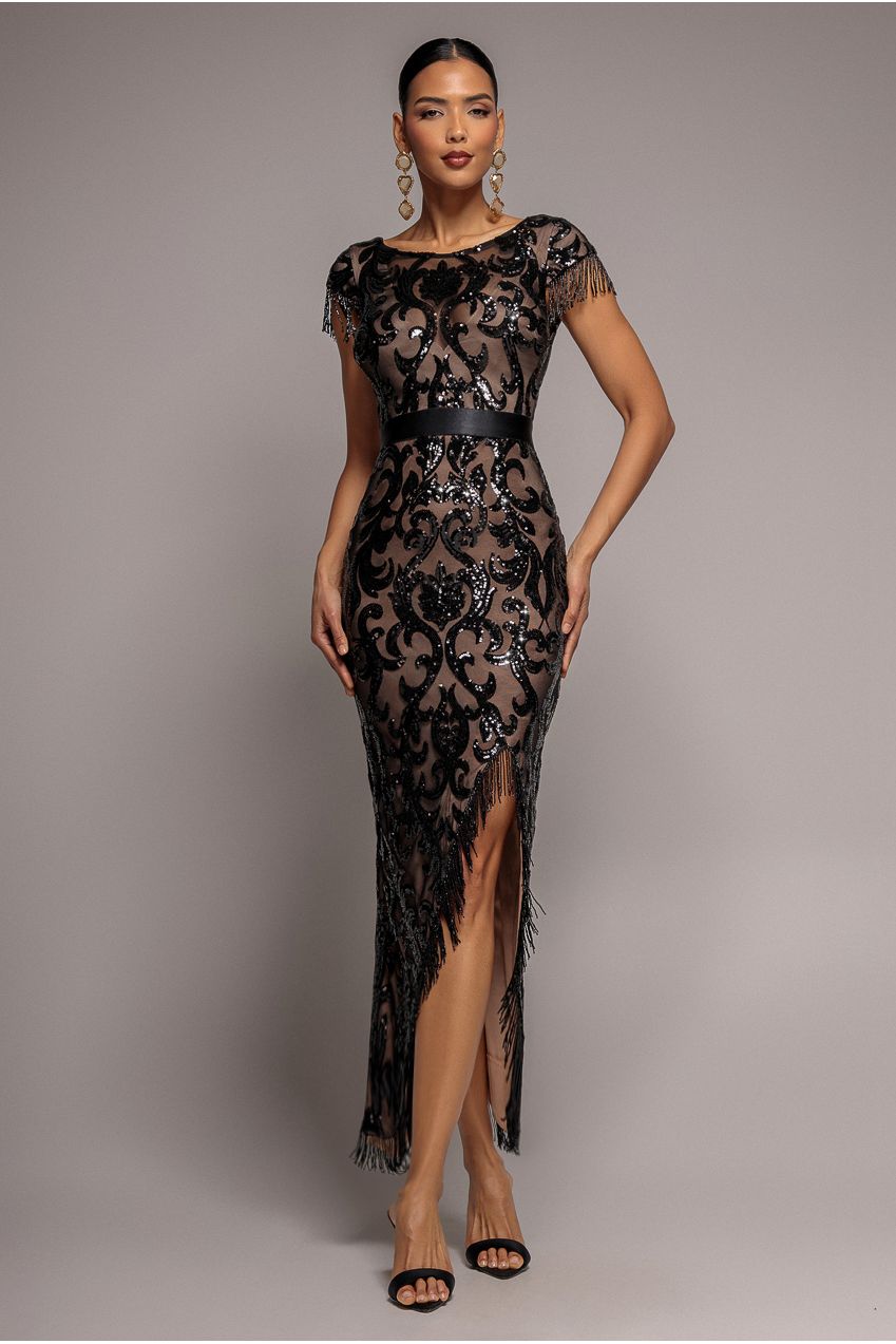 Formal dresses for women: sequin maxi dress with tassel split hem