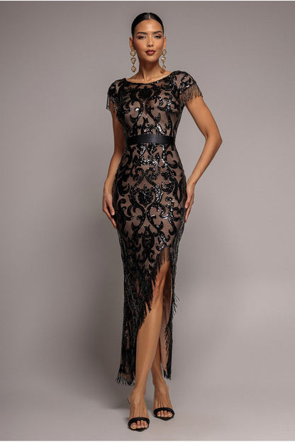Formal dresses for women: sequin maxi dress with tassel split hem
