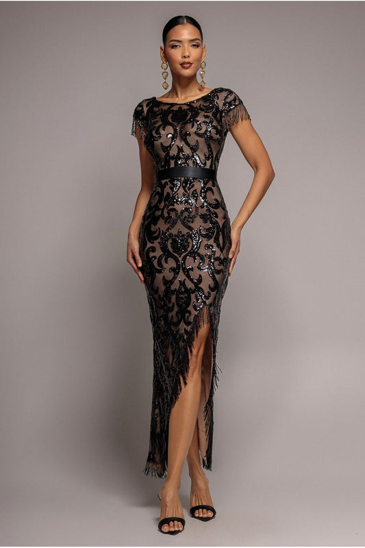 Formal dresses for women: sequin maxi dress with tassel split hem