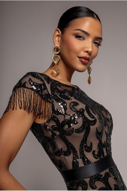 Formal dresses for women: sequin maxi dress with tassel split hem