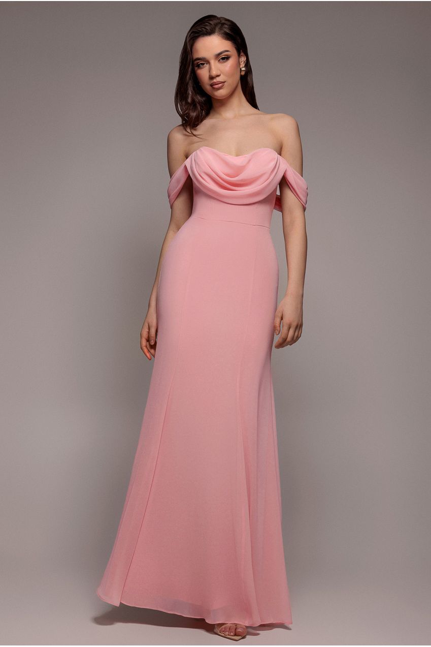 Formal dresses for women with off the shoulder cowl neck, fitted bodice and back zip