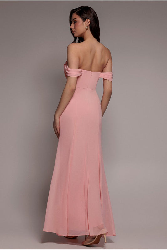 Formal dresses for women with off the shoulder cowl neck, fitted bodice and back zip