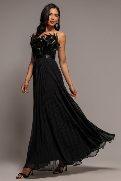Formal dresses for women, strapless pleated maxi dress with feather trim