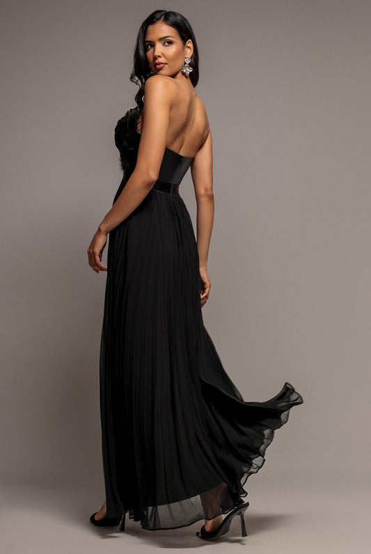 Formal dresses for women, strapless pleated maxi dress with feather trim