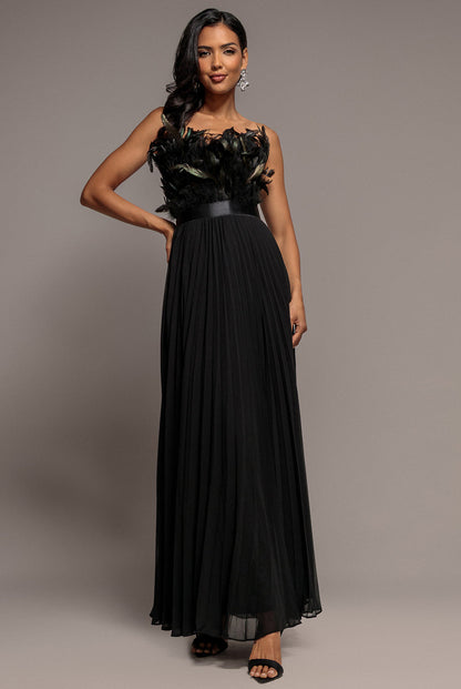 Formal dresses for women, strapless pleated maxi dress with feather trim