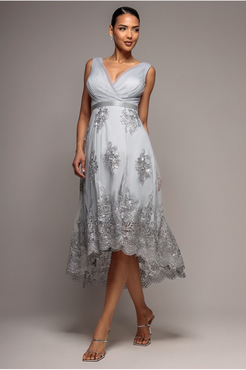Wedding guest dress for women with v-neck and high low hem