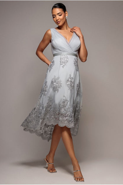 Wedding guest dress for women with v-neck and high low hem