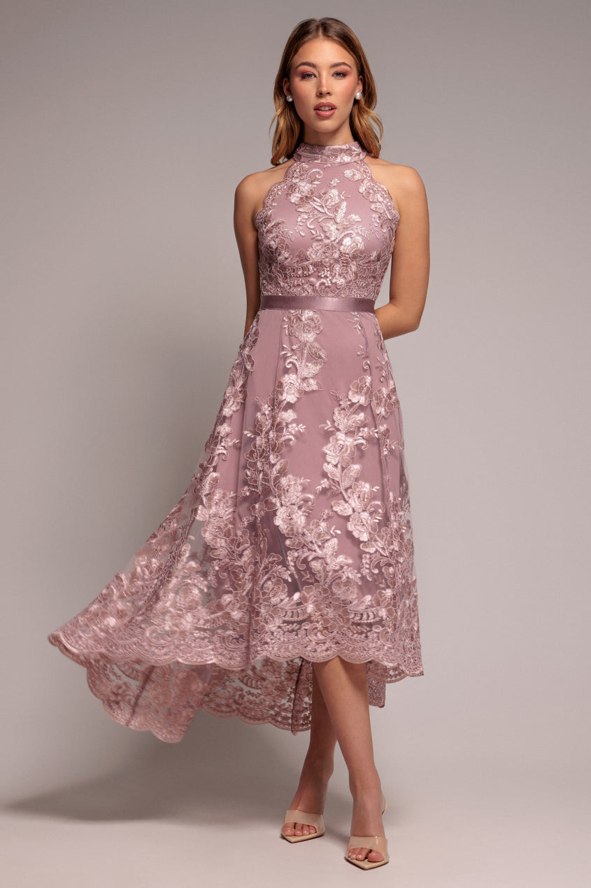Wedding guest dress with halter neck, lace overlay and high low hem