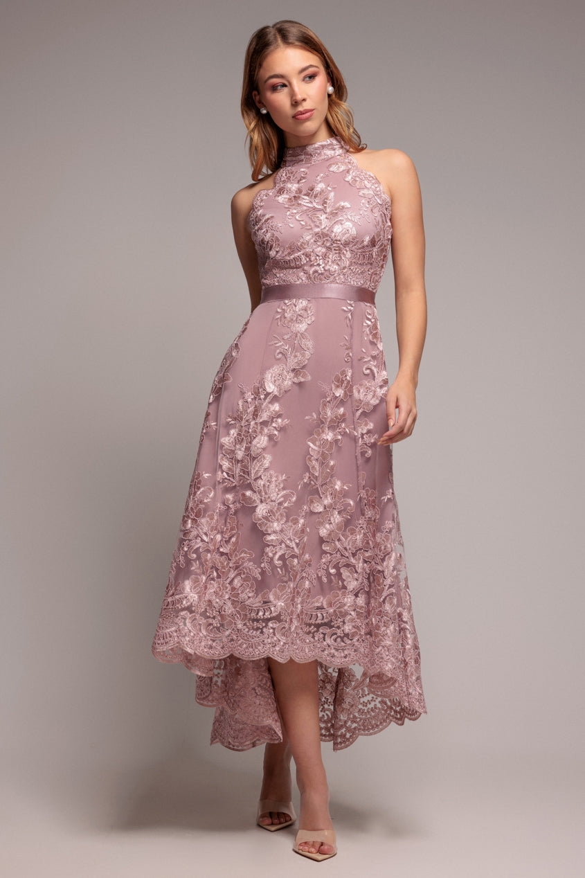 Wedding guest dress with halter neck, lace overlay and high low hem