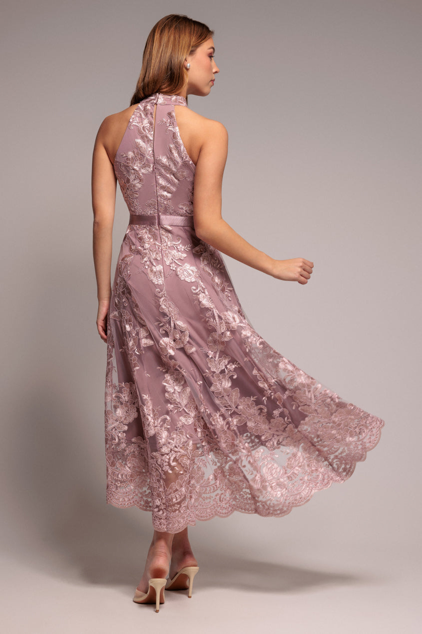 Wedding guest dress with halter neck, lace overlay and high low hem