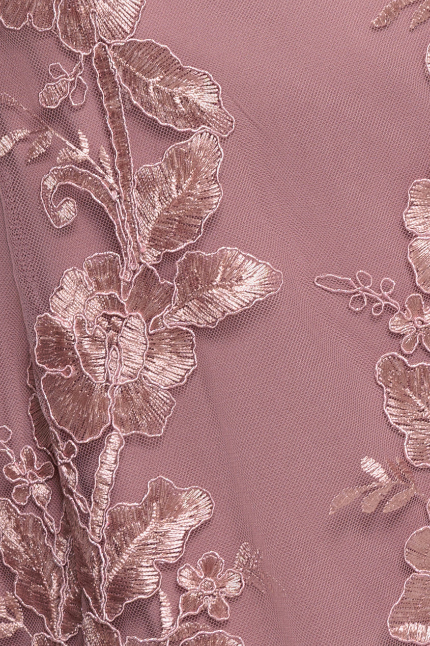 Wedding guest dress with halter neck, lace overlay and high low hem