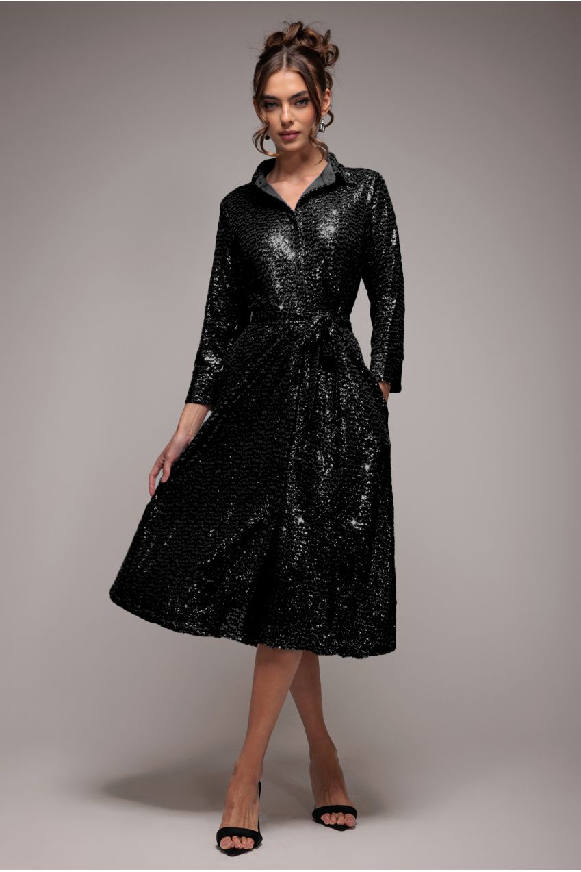 Cocktail dresses for women, sequin midi shirt dress with tie waist