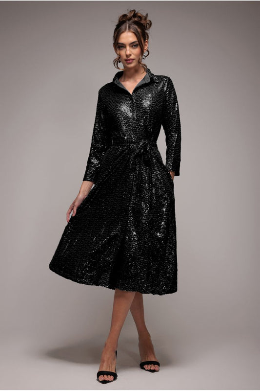 Cocktail dresses for women, sequin midi shirt dress with tie waist