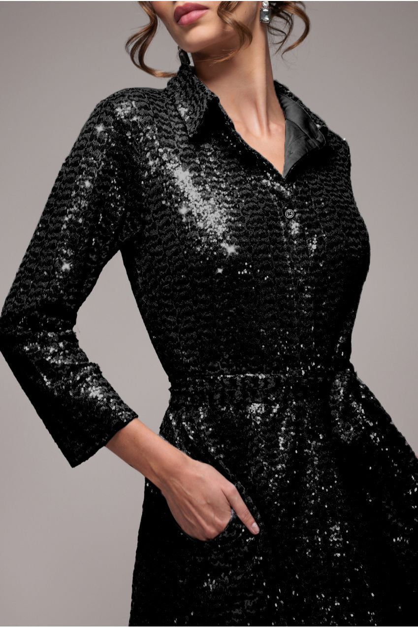 Cocktail dresses for women, sequin midi shirt dress with tie waist