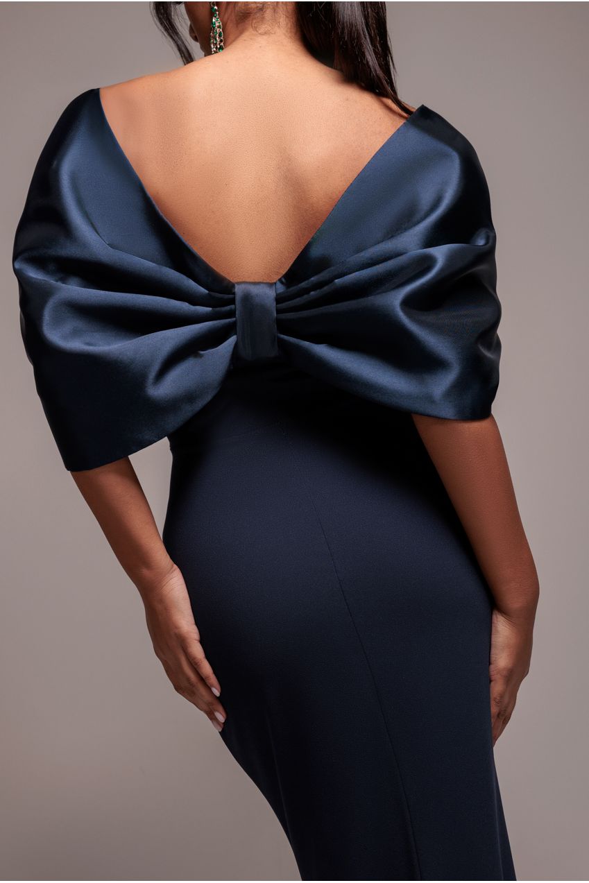 Formal dresses for women: off shoulder maxi dress with satin bow back