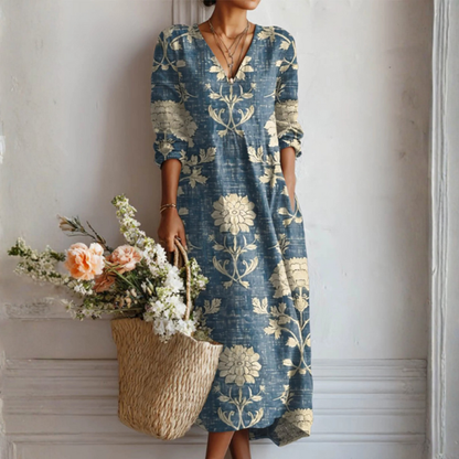 Summer dresses for women, printed midi dress with V-neck and long sleeves