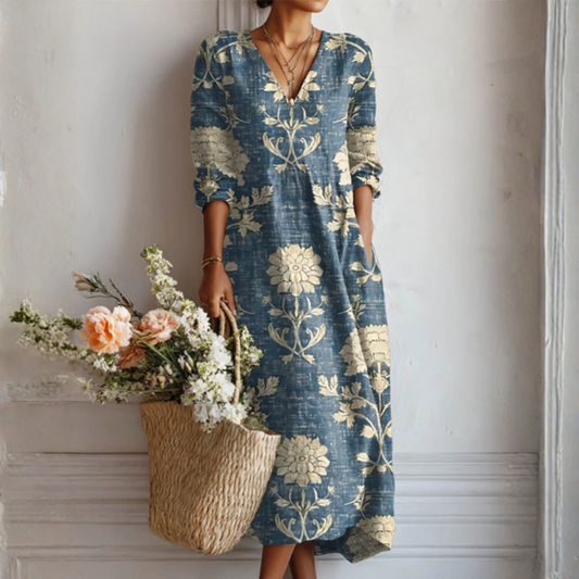 Summer dresses for women, printed midi dress with V-neck and long sleeves
