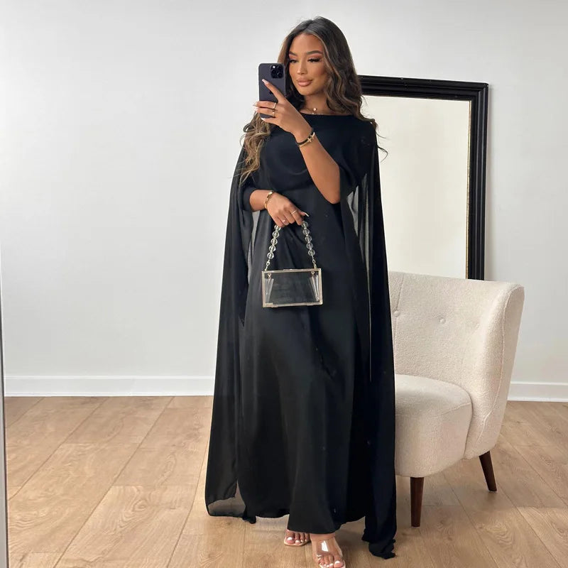 Formal dresses for women with cape sleeves and maxi length
