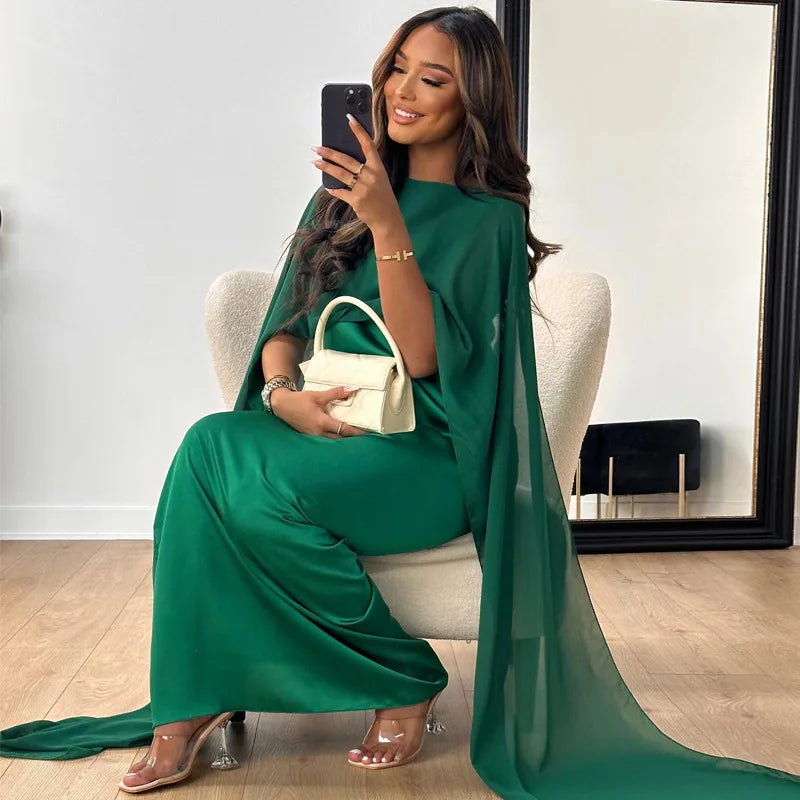 Formal dresses for women with cape sleeves and maxi length