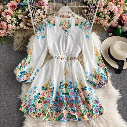 Summer dresses for women, floral mini dress with long puff sleeves