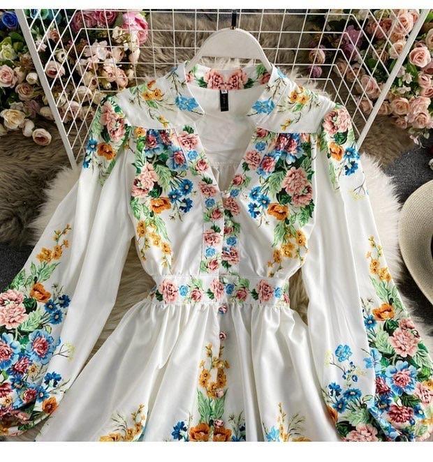 Summer dresses for women, floral mini dress with long puff sleeves