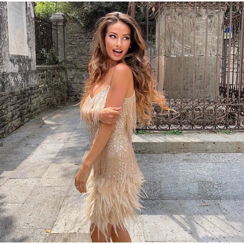 Cocktail dresses for women, fringe mini dress with V-neck and feather hem