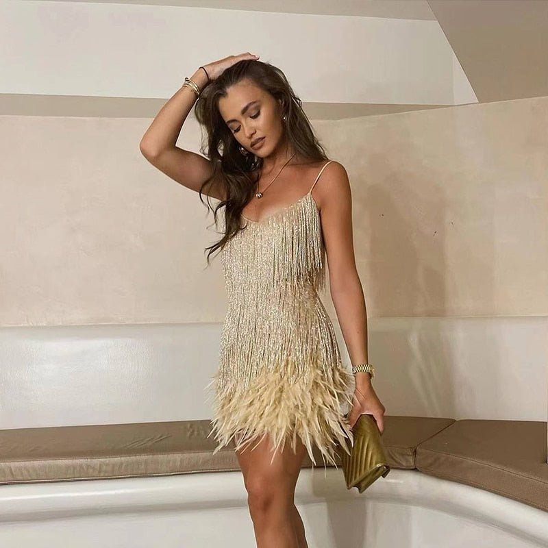Cocktail dresses for women, fringe mini dress with V-neck and feather hem