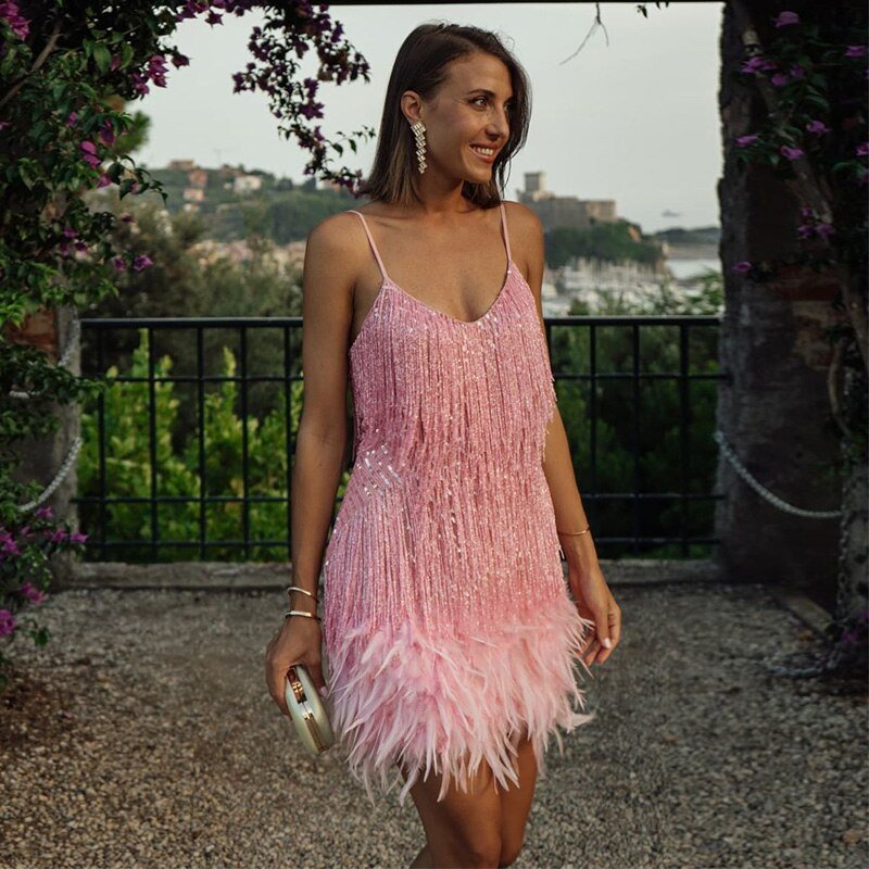 Cocktail dresses for women, fringe mini dress with V-neck and feather hem