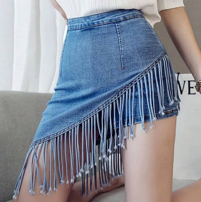 Asymmetric denim mini skirt with fringe hem for women