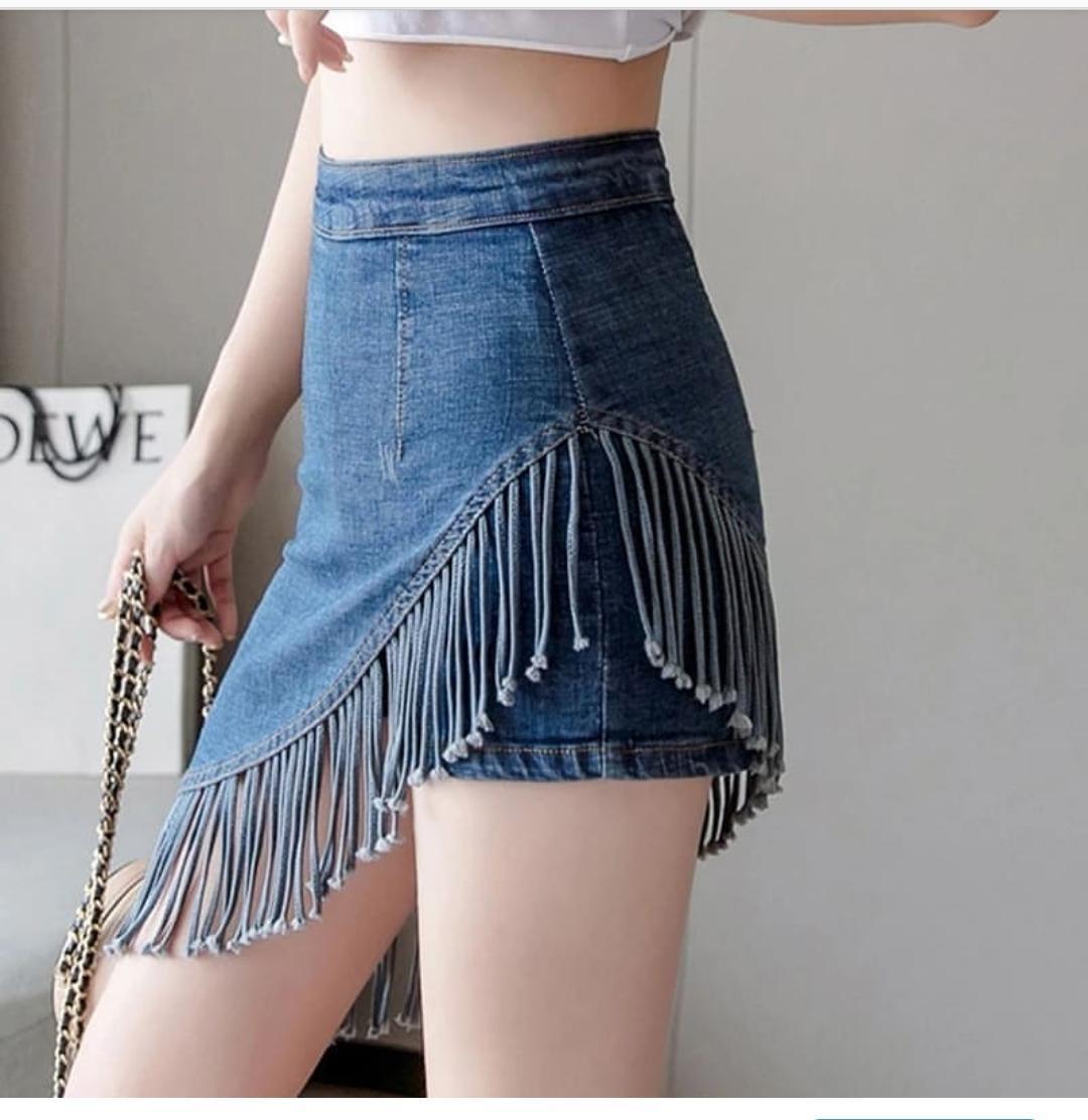 Asymmetric denim mini skirt with fringe hem for women
