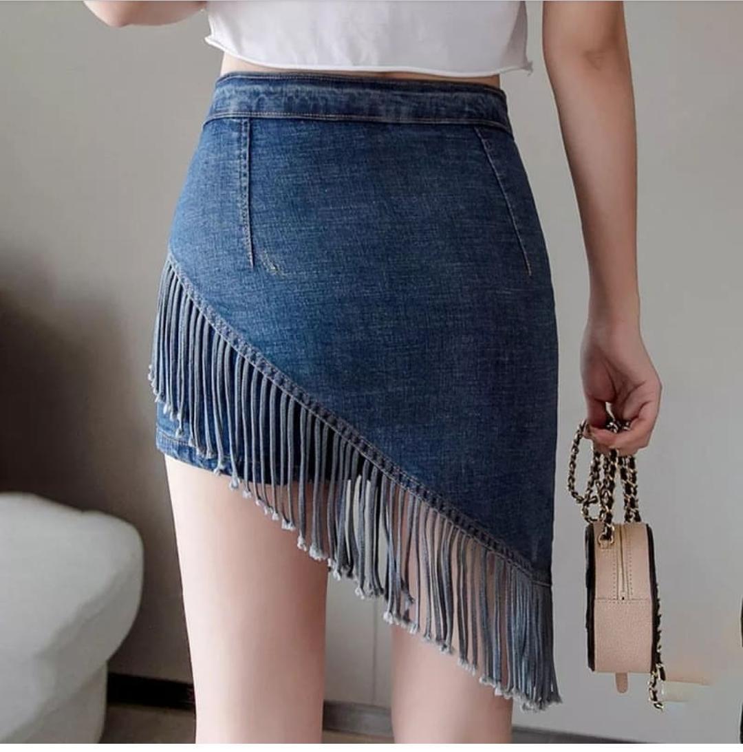 Asymmetric denim mini skirt with fringe hem for women