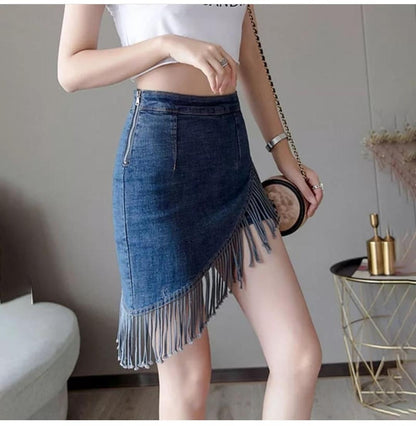 Asymmetric denim mini skirt with fringe hem for women