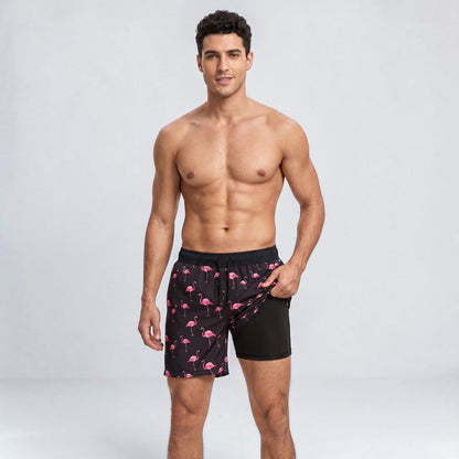 Board shorts for men with compression liner and drawstring waist
