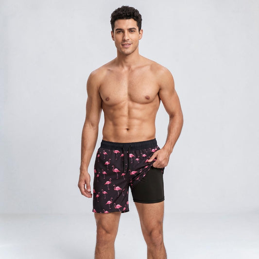 Board shorts for men with compression liner and drawstring waist