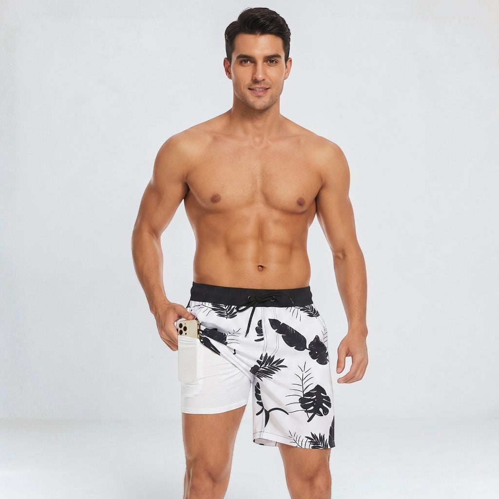 Board shorts for men with compression liner and drawstring waist