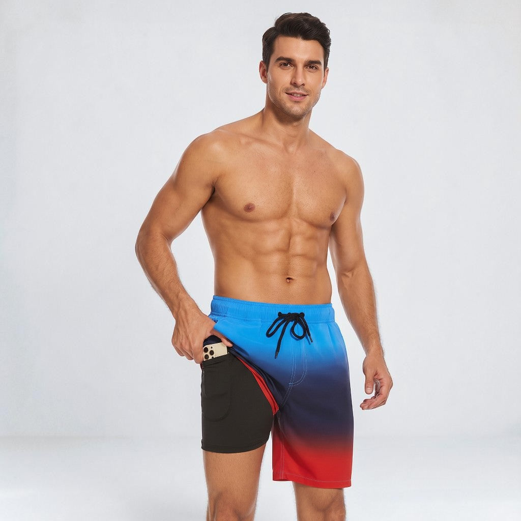 Board shorts for men with compression liner and drawstring waist