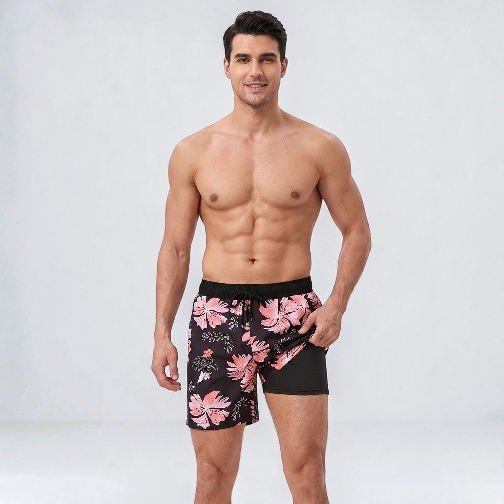 Board shorts for men with compression liner and drawstring waist