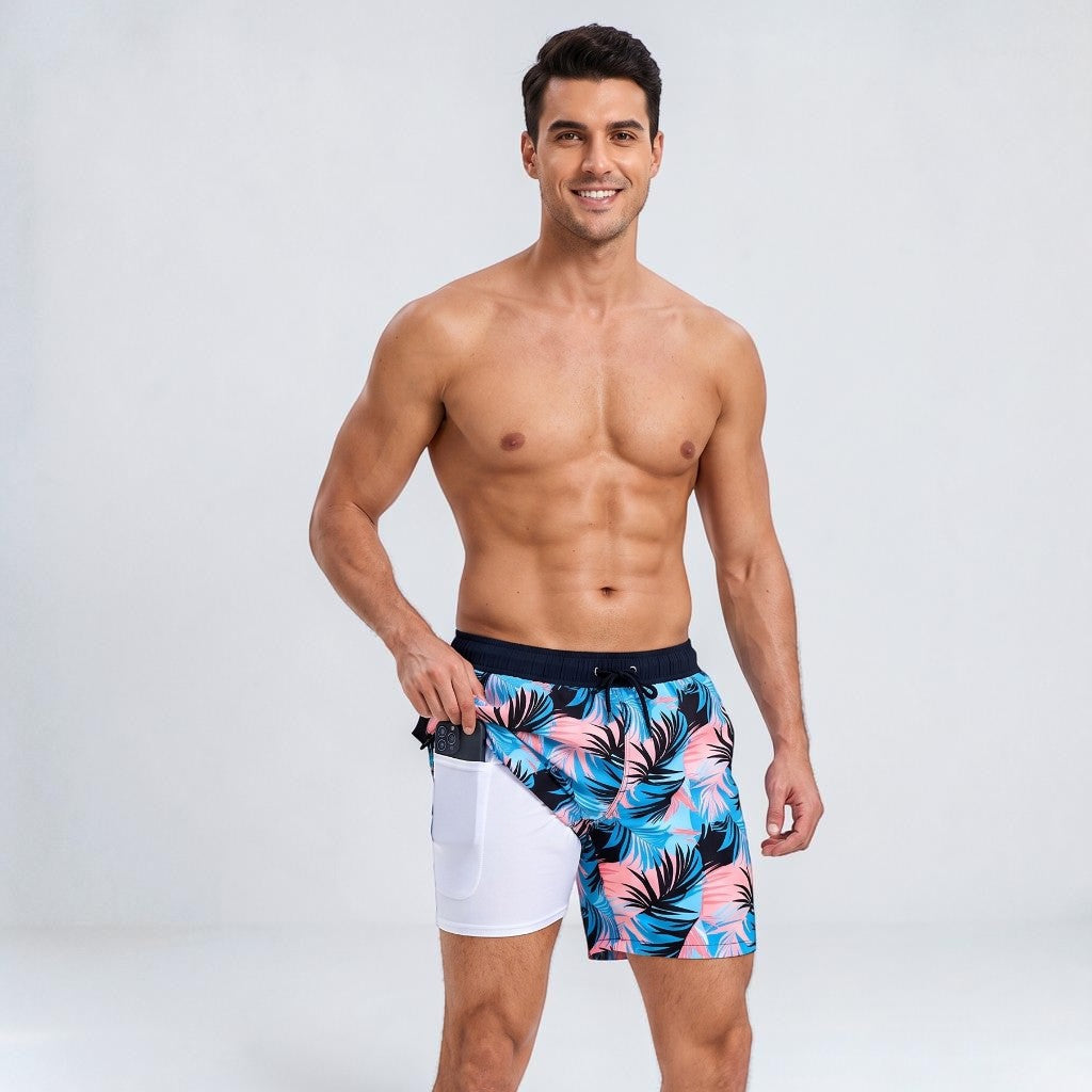 Board shorts for men with compression liner and drawstring waist