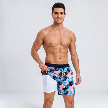 Board shorts for men with compression liner and drawstring waist