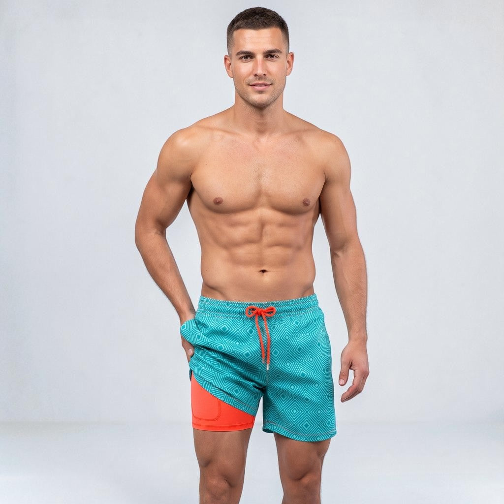 Board shorts for men with compression liner and drawstring waist