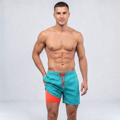 Board shorts for men with compression liner and drawstring waist
